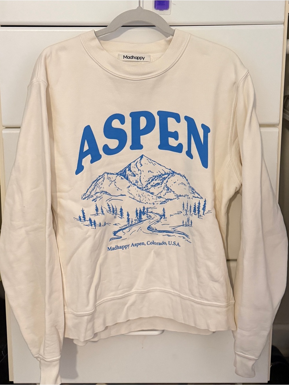 Madhappy Cream Crewneck with Blue Aspen Graphic